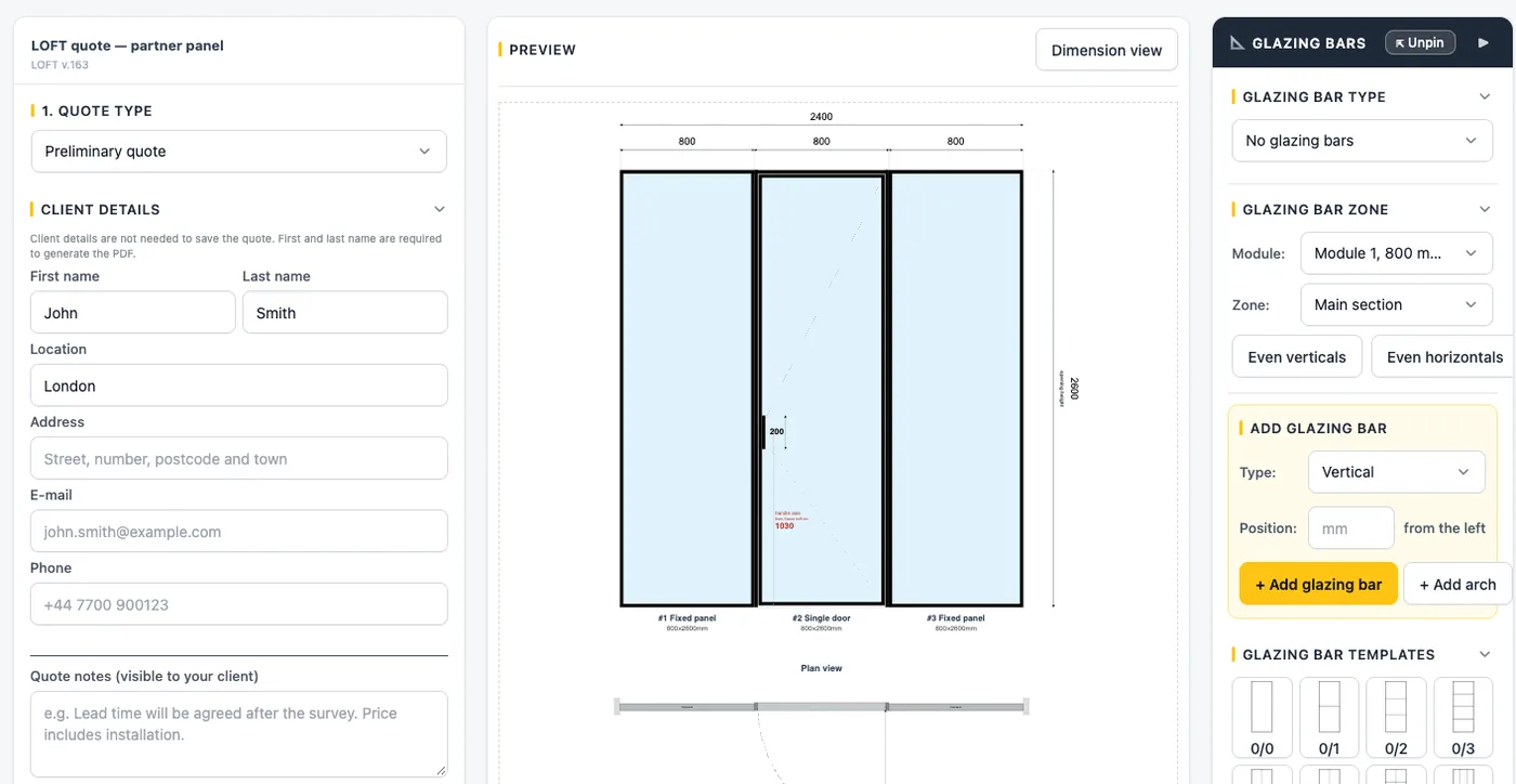 Loft configurator in the portal: client details, drawing of a partition with a door and glazing bars
