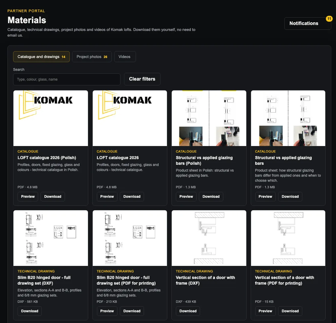 Materials tab: LOFT 2026 catalogue, product sheets and technical drawings to download