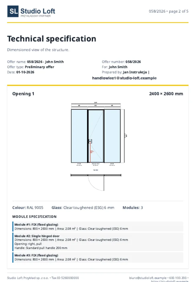 PDF offer with the logo of a sample partner, Studio Loft: technical specification and drawing