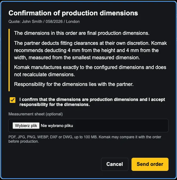 Production dimension confirmation window in an order