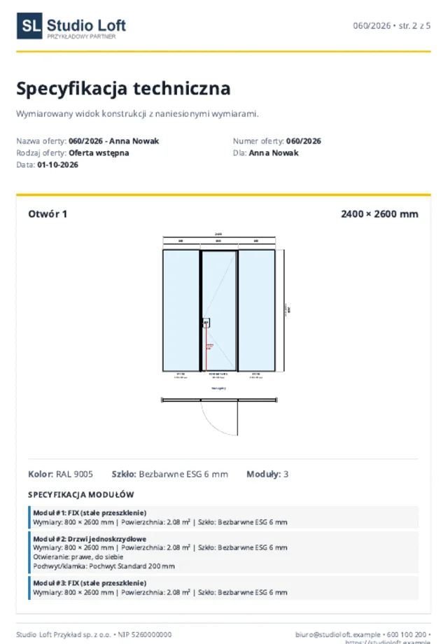 Oferta PDF z logo przykładowego partnera Studio Loft: specyfikacja techniczna i rysunek