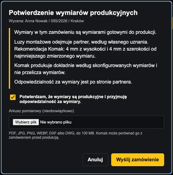 Okno potwierdzenia wymiarów produkcyjnych przy zamówieniu